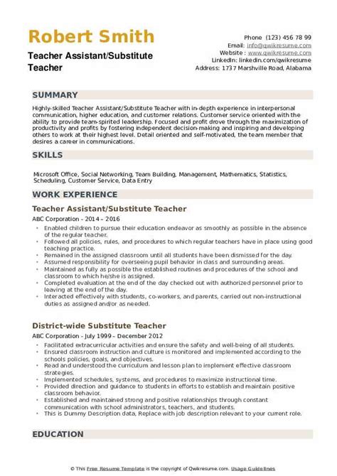 Substitute Teacher Resume Samples Qwikresume