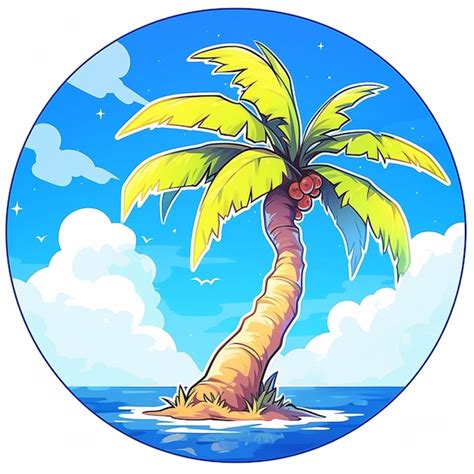 Palmera de dibujos animados en una pequeña isla con cielo azul y nubes