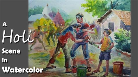 Watercolor Painting A Composition On Holi Festival Of Colors Step