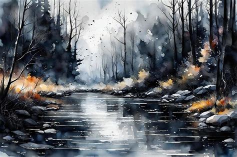 Premium Photo | Watercolor painting of a forest with a river in the ...