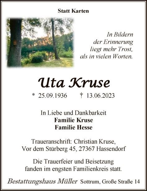 Traueranzeigen Von Uta Kruse Trauer Kreiszeitung De