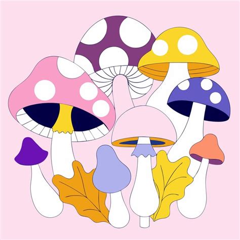 A Colorful Drawing Of Mushrooms With A Pink Background With A White And