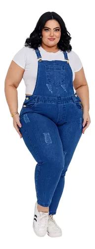 Jardineira Cal A Feminina Cintura Alta Lycra Jeans Plus Size