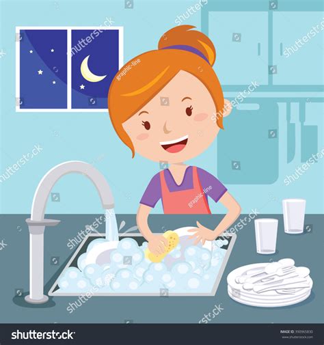 Mother Washing Dishes Vector Woman Washing Stock Vector 390965830