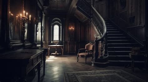 Dark gothic mansion hall in victorian style interior with staircase and lamp holders Ai ...