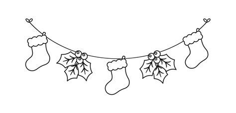 Christmas Stocking And Mistletoe Garland Outline Doodle Vector