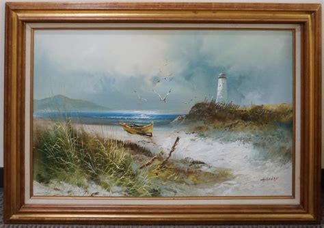 Lot H Gailey Lighthouse On The Shore Oil On Canvas Signed L R