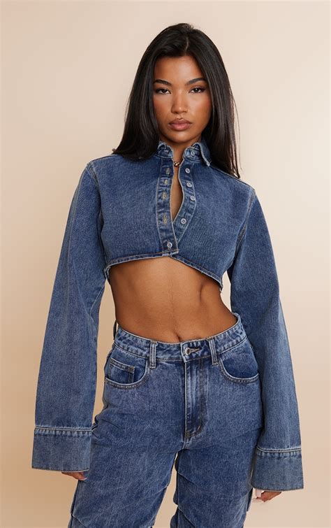 Vintage Wash Denim Cropped Shirt Denim Prettylittlething