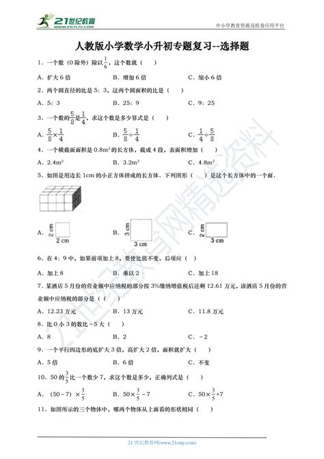 人教版小学数学小升初专题复习 选择题（含答案） 21世纪教育网