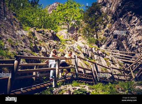 View at waterfalls path along mountain stream. Tourist spot. Travel ...