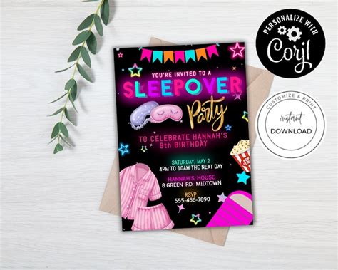 Editable Sleepover Birthday Party Invitation Pink Girl Slumber Party