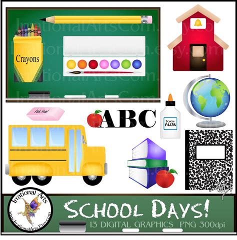 School Days Clip Art Graphics Set 1 PNG Digital Files School Bus Books ...