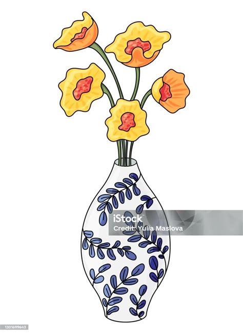 Vase Mit Blumen Isoliert Auf Weißem Hintergrund Keramikvase Linienkunst