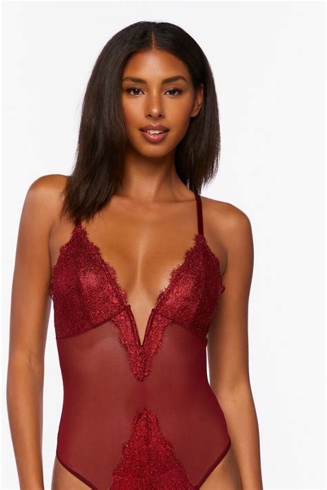 Forever 21 Shimmer Lace Lingerie Bodysuit Sangria Forever21usa