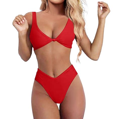 Qxutpo Womens Swimsuits Bikini Set Solid V Neck Knot Front Push Up High