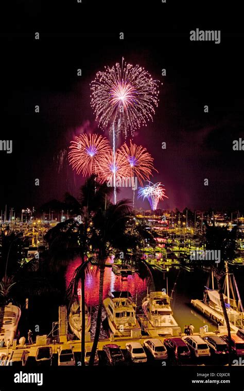 Fourth of July fireworks display, Ala Wai Yacht Harbor, Waikiki, Honolulu, Oahu, Hawaii Stock ...