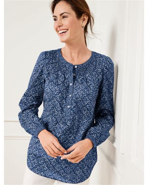 Talbots Faded Medallion Smocked Popover Shirt In Blue Lyst