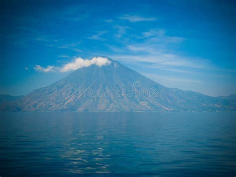 Panoramic View To Atitlan Volcano and Lake with Smoke, Guatemala Stock ...