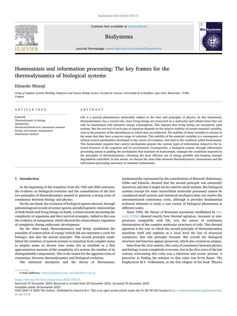 Pdf Homeostasis And Information Processing The Key Frames For The