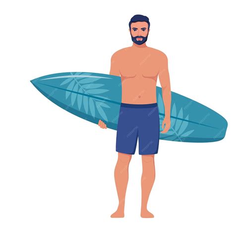 Premium Vector Young Man Surfer With Surfboard Standing On The Beach