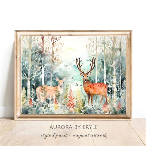 Christmas Reindeer Watercolor Scene Abstract Realistic Woodland