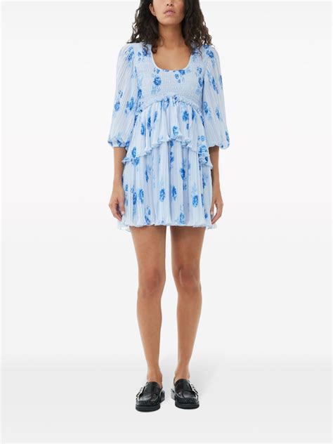 Ganni Floral Print Pleated Minidress Blue Farfetch