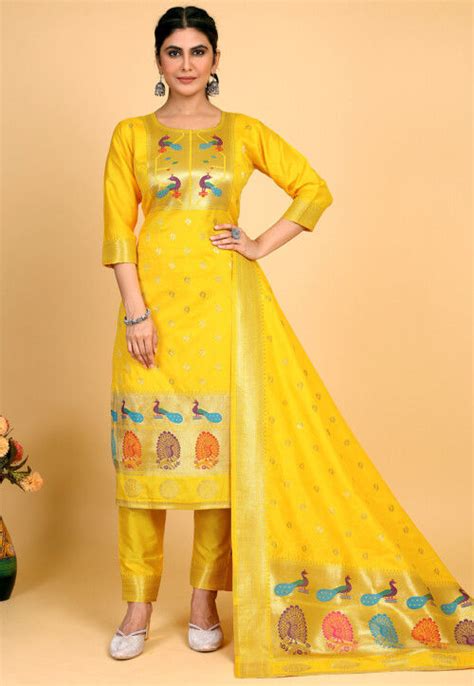 Buy Woven Art Silk Jacquard Pakistani Suit In Mustard Online KKV195