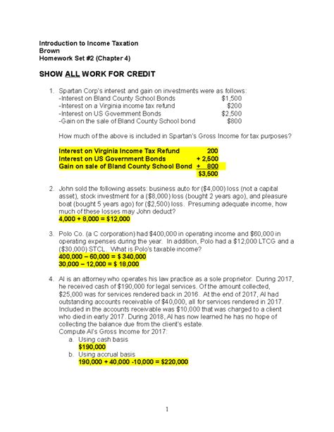 Homework Set 2 Introduction To Income Taxation Brown Homework Set