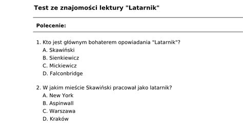 Test Z Lektury Latarnik Pdf Do Druku Dla Uczni W Nauczycieli