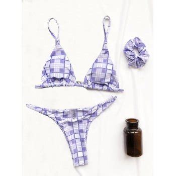 Emmiol Free Shipping Tartan Checkered Triangle Bikini Set Purple S In Bikini Sets Online