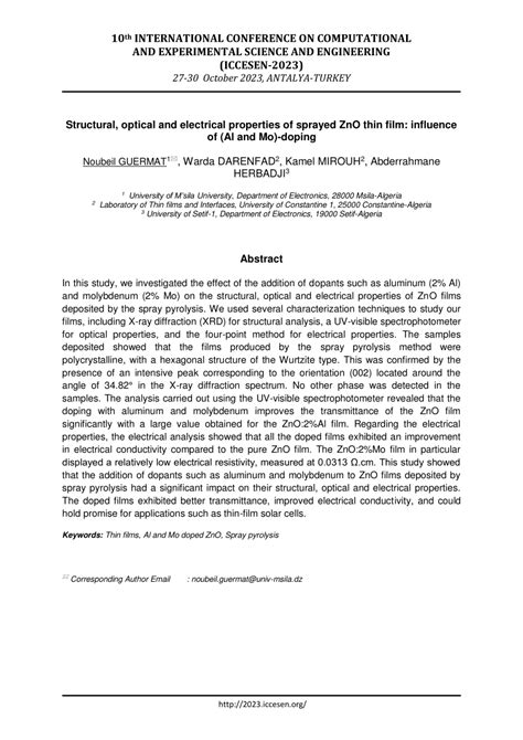 PDF Structural Optical And Electrical Properties Of Sprayed ZnO Thin