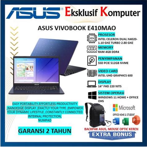 Jual Laptop Slim Asus Vivobook E410mao N4020 Ram 4gb 512gb Ssd Fhd