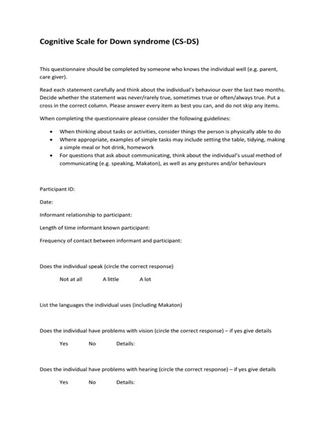 Cognitive Scale For Down Syndrome Cs Ds