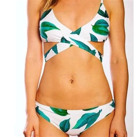 Cupshe Wrap Top Bikini White With Green Leaf Pattern Gem