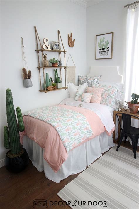 Peach And Green Cactus Dorm Bedding Set Dorm Room Bedding Dorm Bedding