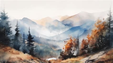 Premium AI Image | Watercolor painting of a mountains and pine tree Al ...