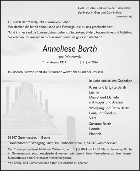 Traueranzeigen Von Anneliese Barth Wirtrauern