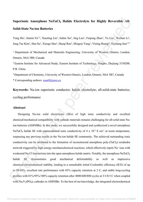 Pdf Superionic Amorphous Natacl Halide Electrolyte For Highly