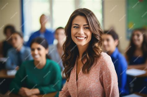 Premium Ai Image Beautiful Female Teacher Smiling In The Classroom