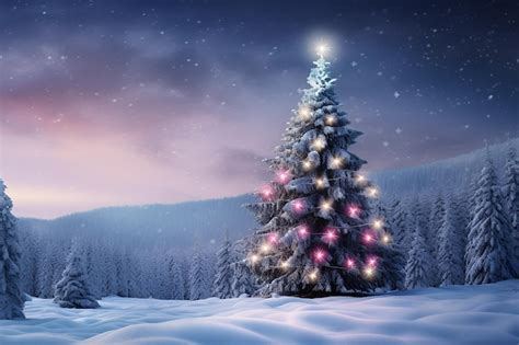 Premium AI Image | Christmas Tree With Fairy Lights Outside In Fallen Snow