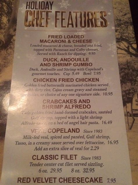 Menu at Copeland's of New Orleans restaurant, Kenner, W Esplanade Ave