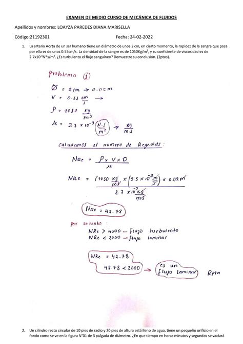 Examen De Medio Curso De Mec Nica De Fluidos Examen De Medio Curso