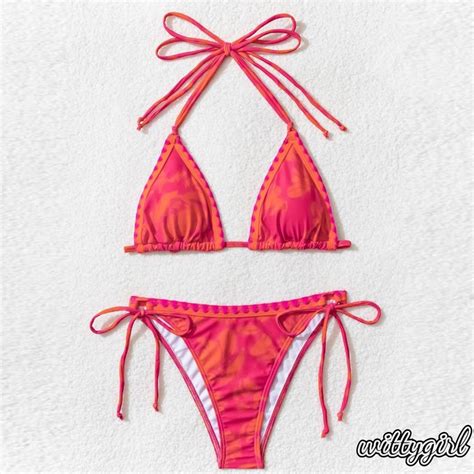 WITTY Women 2 Pieces Bikini Swimsuits Print Tie Up Halter Neck Sleeveless Padded Bra Thong