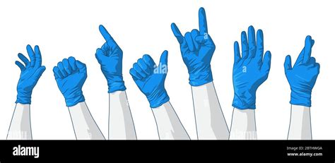 A Collection Of Various Hand Gestures Wearing Ppe Protection Latex