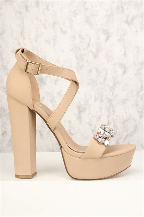 Sexy Nude Gemstone Chunky Heels Platforms Shoes Post