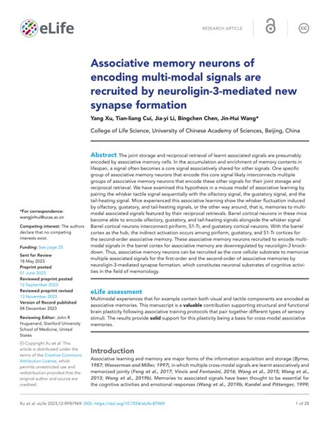 Pdf Associative Memory Neurons Of Encoding Multi Modal Signals Are Recruited By Neuroligin 3