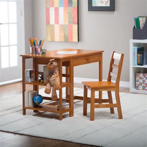 Light Brown Childrens Wooden Desk With Storage Shelves Matching Chair