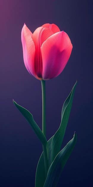 Premium Photo A Single Pink Tulip With Green Leaves Against A Purple