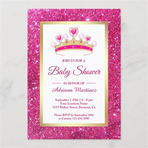 Hot Pink Glitter Tiara Princess Baby Shower Invitation Zazzle Bridal Shower Invitations