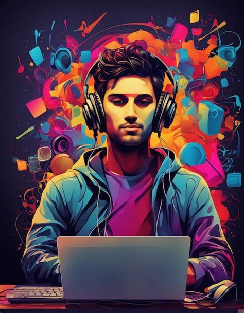 Premium Ai Image Creative Man Computer And Headphone Listen To Music